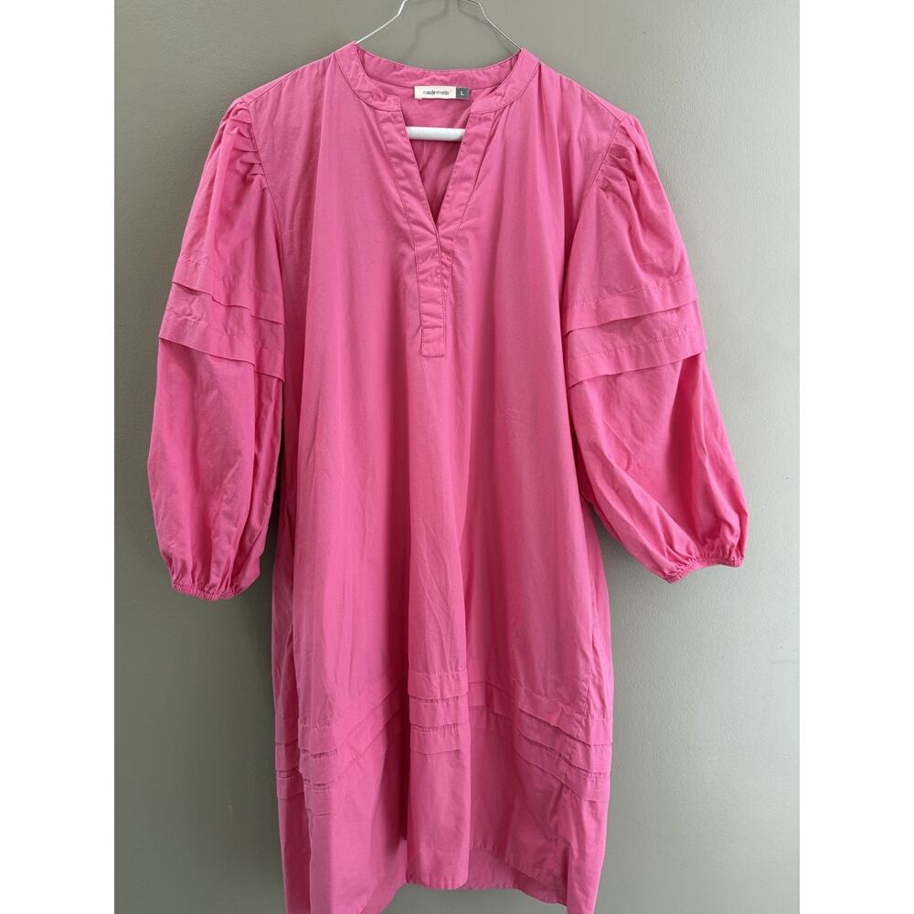 MAUDE VIVANTE Sz L V-Neck Mini Pink Dress Puffed Sleeves Easter Spring Cotton